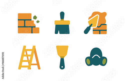 vector colorful filled icons mason (repair work): crumbling wall brush patching mortar ladder scraper protective mask.