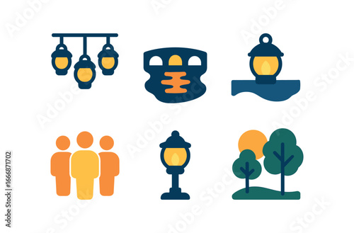 vector colorful filled icons evening lantern walk (river path): hanging lanterns reflection in water bridge crowd warm glow trees.