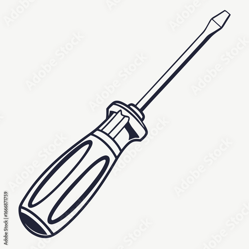 Monochrome line art illustration of a classic flathead screwdriver with a contoured handle.