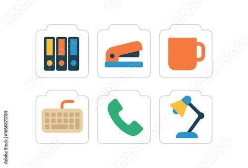 vector colorful filled icons planner tabs (office work): document folders stapler keyboard mug phone desk lamp.