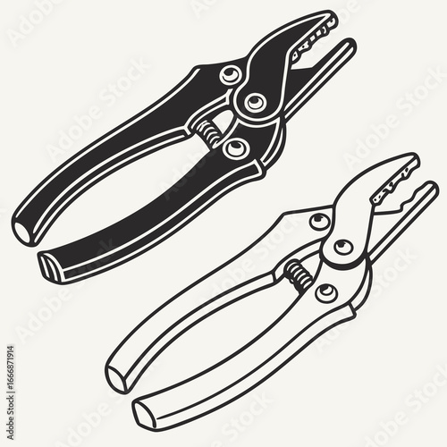 Monochrome vector illustration of two heavyduty pruning shears one solid black and one outline style.