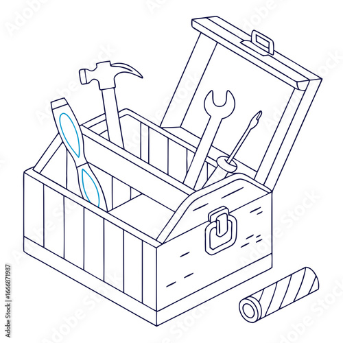 Open wooden toolbox with hammer wrench and screwdriver in a minimalist blue line art style.