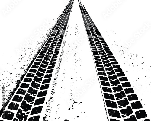 Grungy black and white illustration of powerful vehicle tire tracks receding into the distance, conveying speed, adventure, and an impactful road journey