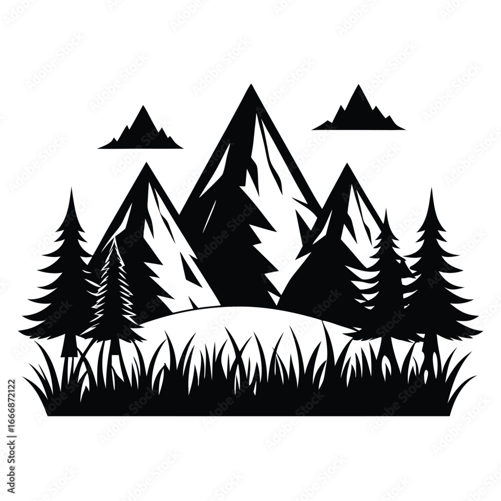 Obraz premium Black and White Mountain Landscape Featuring Pine Trees and Tall Grass Illustration Style