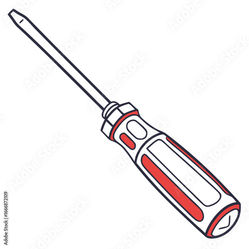 Red and white flathead screwdriver with a long metal shaft in a bold line art style.