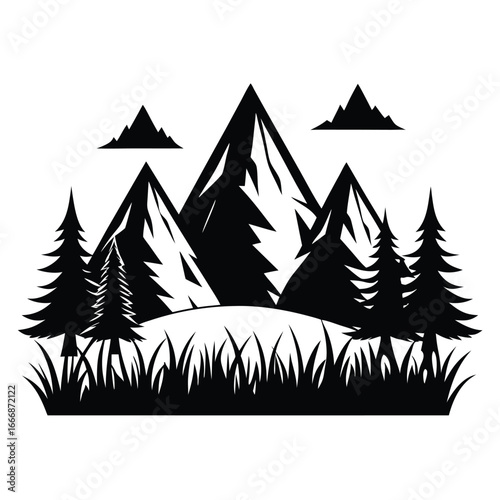 Black and White Mountain Landscape Featuring Pine Trees and Tall Grass Illustration Style