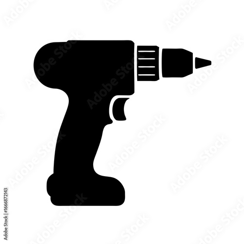 Silhouette of a Black Cordless Power Drill with Chuck and Battery.