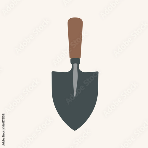 Simple flat vector illustration of a garden trowel with a brown handle and a dark pointed metal blade.