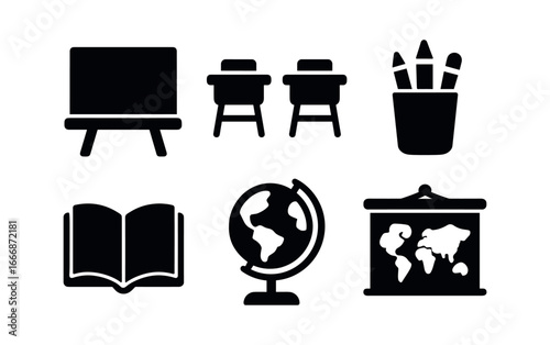 vector solid black filled icons early school years (classroom): chalkboard small desks pencil holder open books globe wall map.