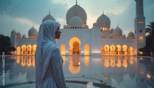 Woman in white hijab standing near the sheikh zayed grand mosque at dusk with reflections on water