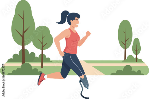 A smiling woman with a prosthetic leg runs on a path in a park.