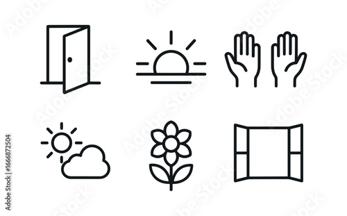 vector outline icons openness (symbols): open door sunrise horizon hands apart clear sky blooming flower window view.