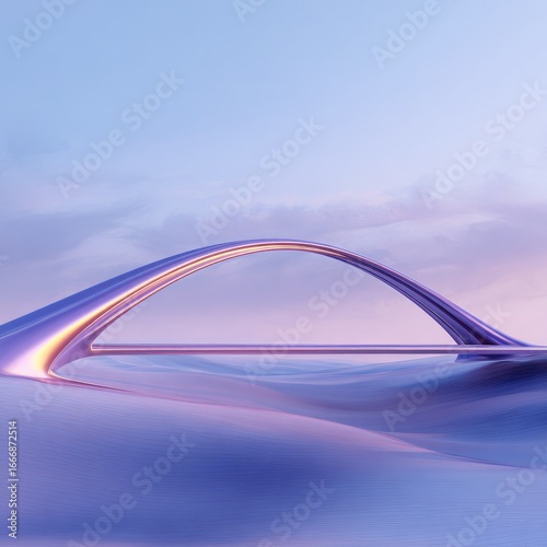 A futuristic, arched bridge spans a serene, pastel landscape