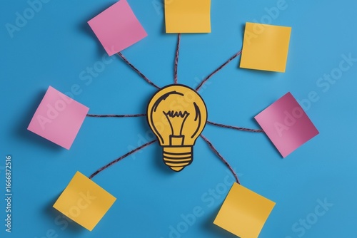 Creative brainstorming concept with lightbulb and colorful sticky notes on blue background.