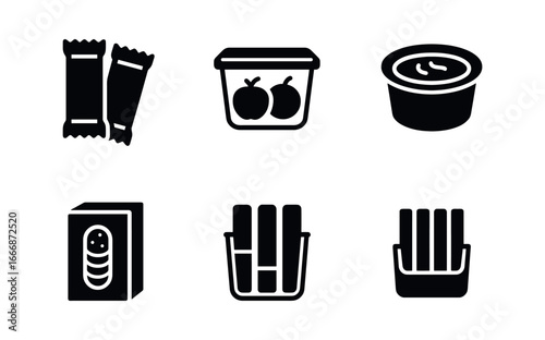 vector solid black filled icons fridge organization (snack organizer): snack bars fruit cups hummus tub cracker box cheese sticks shadow smear.