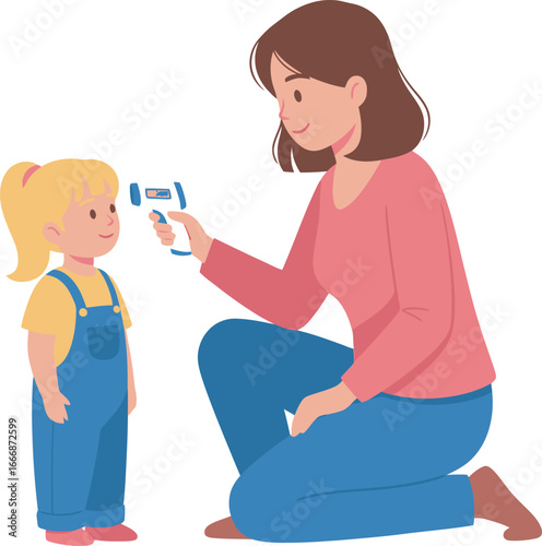 A mother kneels to check a young child's temperature using a digital thermometer.