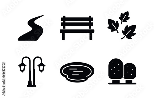 vector solid black filled icons evening stroll (park trail): winding gravel path park bench fallen leaves lantern posts pond reflection trimmed hedges.