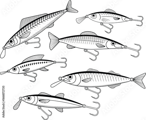 Vintage Fishing Lures Classic Angling Equipment Line Art