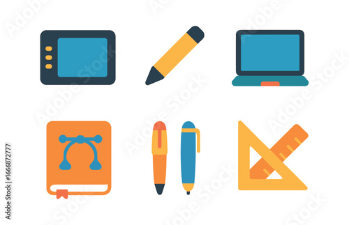 vector colorful flat filled icons typeface designer (tools): drawing tablet stylus computer sketchbook pens rulers.