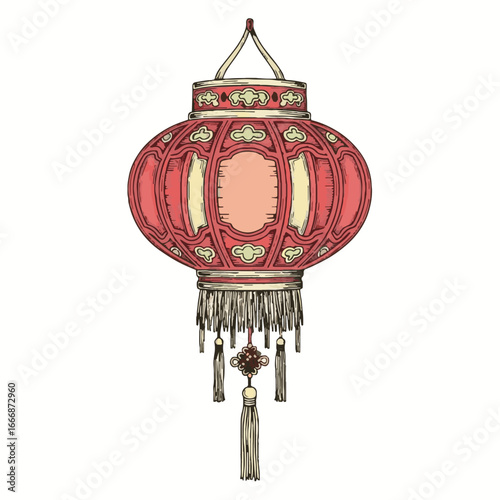 Hand-drawn traditional Chinese red lantern illustration with tassels, a festive cultural decoration for Asian holidays and celebrations.
