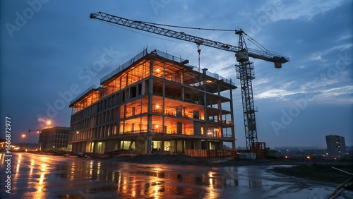 Construction site at dusk with crane and building under construction