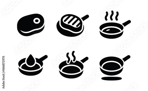 vector solid black filled icons pan on stove (pan seared steak): steak outline sear marks pan edge oil sheen line shadow smear.