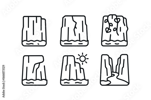 vector outline icons karst (limestone cliffs): vertical walls cracks green vines overhang sunlight river below.