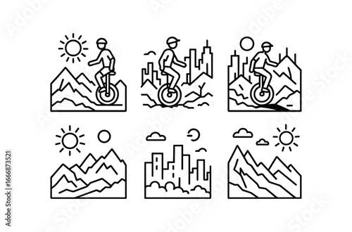 vector outline icons mountain unicycling (sunset ride): orange glow long shadows rugged terrain relaxed stance skyline cool air.