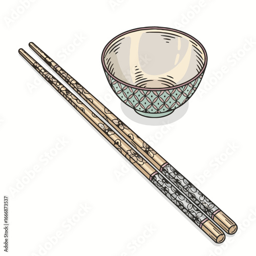Traditional Asian Chopsticks and Bowl Vector Illustration. Hand-drawn cultural dining set for Chinese celebrations, cuisine, and National Day assets.