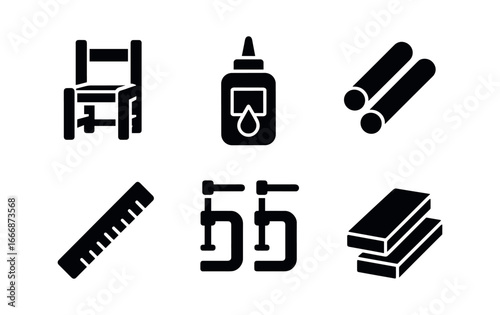 vector solid black filled icons woodworker (project build): wooden chair frame glue bottle dowels ruler clamps cut boards.
