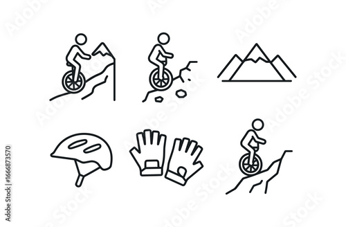vector outline icons mountain unicycling (ridge ride): narrow trail rocky edge distant peaks helmet gloves steep drop.