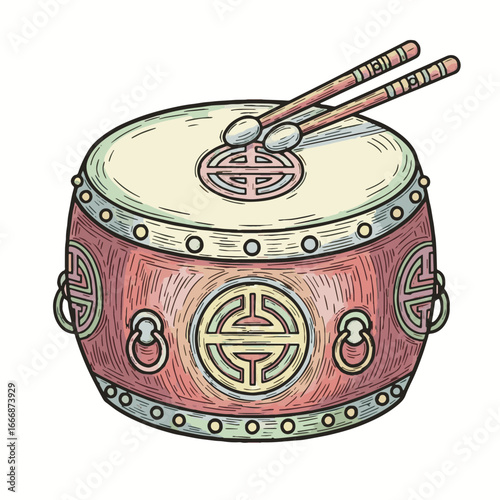 Traditional Chinese Drum and Drumsticks Illustration. Hand-drawn Asian cultural percussion instrument for celebration assets and festivals.