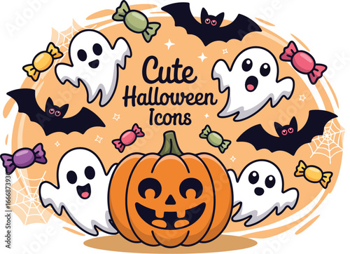 A Charming Hand-Drawn Halloween Icon Pattern Illustration Featuring Ghosts, Bats, and a Pumpkin