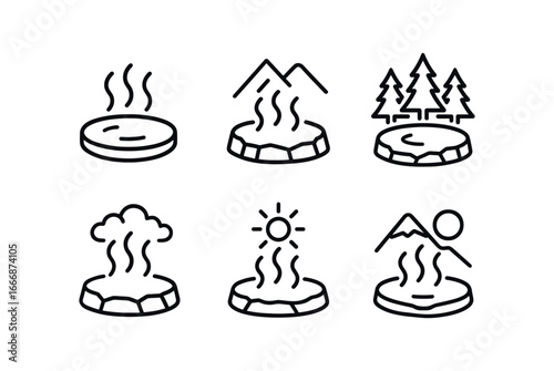 vector outline icons hotspring (mountain view): steaming pool rocky edge pine trees mist sunlight blue sky.