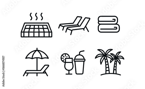vector outline icons hotspring (resort style): tiled pool lounge chairs towels umbrellas spa drinks palm trees.