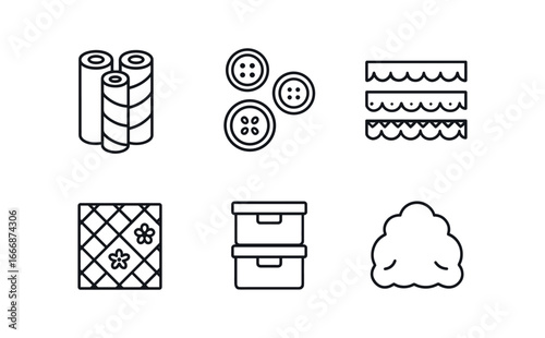 vector outline icons quilter (materials): fabric rolls buttons lace trims patterned cloth storage boxes batting.