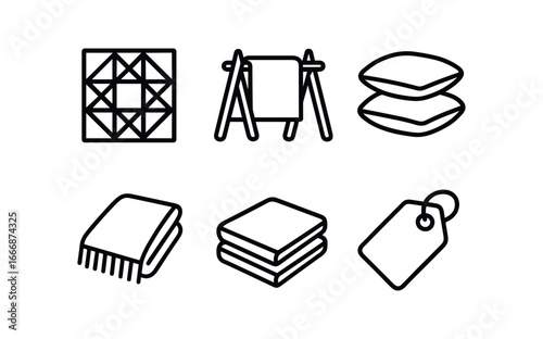 vector outline icons quilter (display): finished quilt wooden stand cushions throw blanket folded pieces tag.