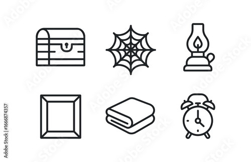 vector outline icons hidden object quest (attic): wooden chest cobwebs lamp picture frame folded blanket small clock.