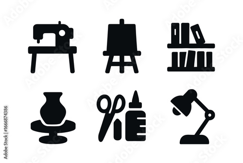 vector solid black filled icons children phase (hobby room): sewing table painting easel shelves of books pottery wheel craft supplies desk lamp.