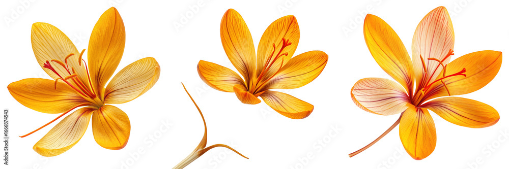 Obraz premium Set of Vibrant yellow Saffron flower with top view isolated on a transparent background