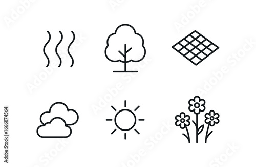 vector outline icons mild season (summer): warm air leafy trees picnic blanket light clouds soft sun wildflowers.