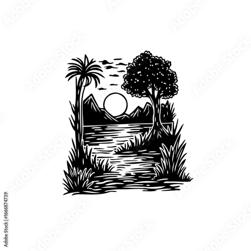 Monochrome illustration of a tranquil lakeside landscape evoking serenity and natural beauty with
