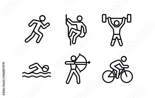 vector outline icons tenacity (sports): runner climber weightlifter swimmer archer cyclist.