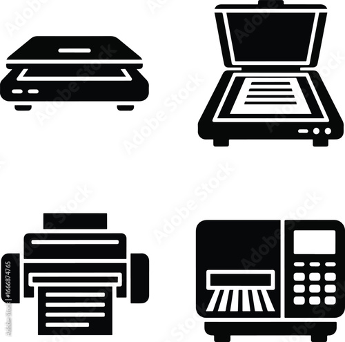 Office Equipment Icons: Scanners, Printers, and Document Processing Devices