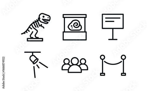 vector outline icons paleontologist (museum exhibit): mounted skeleton display case info board spotlight crowd railing.