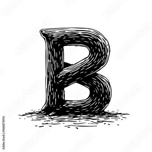 Monochrome illustration of the letter b with wood grain texture provides a unique textual