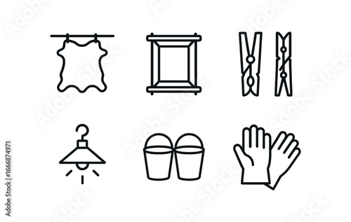 vector outline icons tanner (drying racks): hanging hides wooden frame clothespins workshop light buckets gloves.