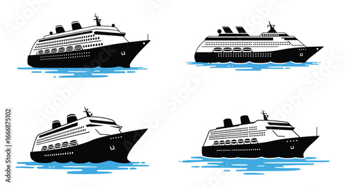 Four black and white cruise ships on water with ripples