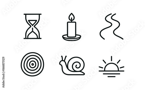 vector outline icons patience (symbols): hourglass steady candle flowing river tree growth rings snail sunrise horizon.