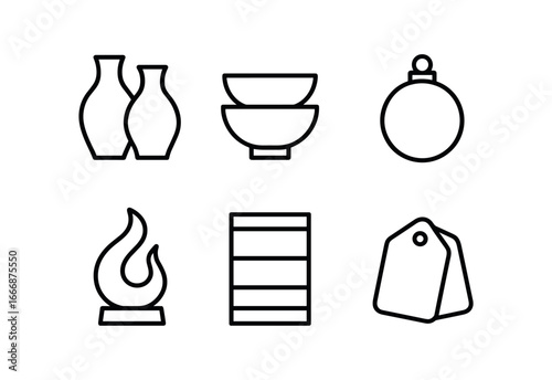 vector outline icons glassblower (finished work): vases bowls ornaments glass sculpture display shelf labels.